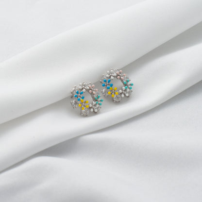 Multi-Floral Diamond Silver Earrings