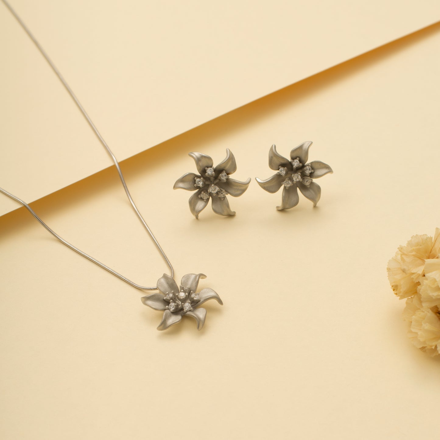 Silver Floral Pendant and Earring Set