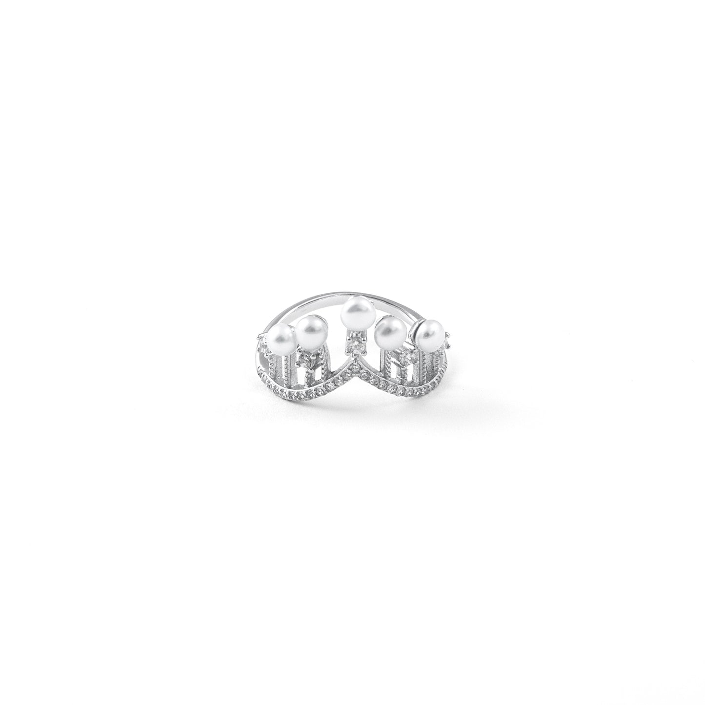 Silver Crown Ring with Pearls and Diamonds