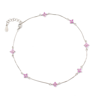 Silver Anklet with Pink Diamond Floral Charm
