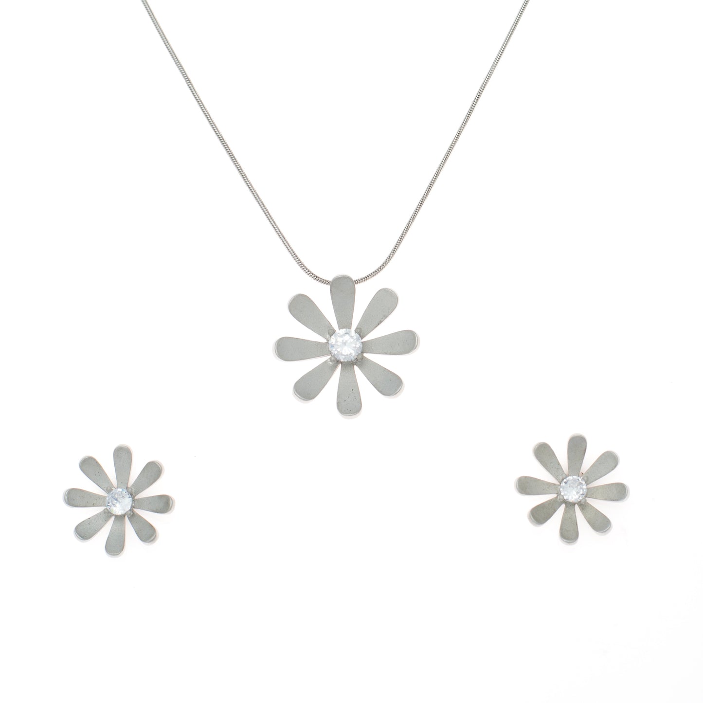 Silver Daisy Pendant and Earring Set with Diamond Centers