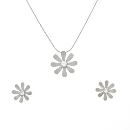 Silver Daisy Pendant and Earring Set with Diamond Centers