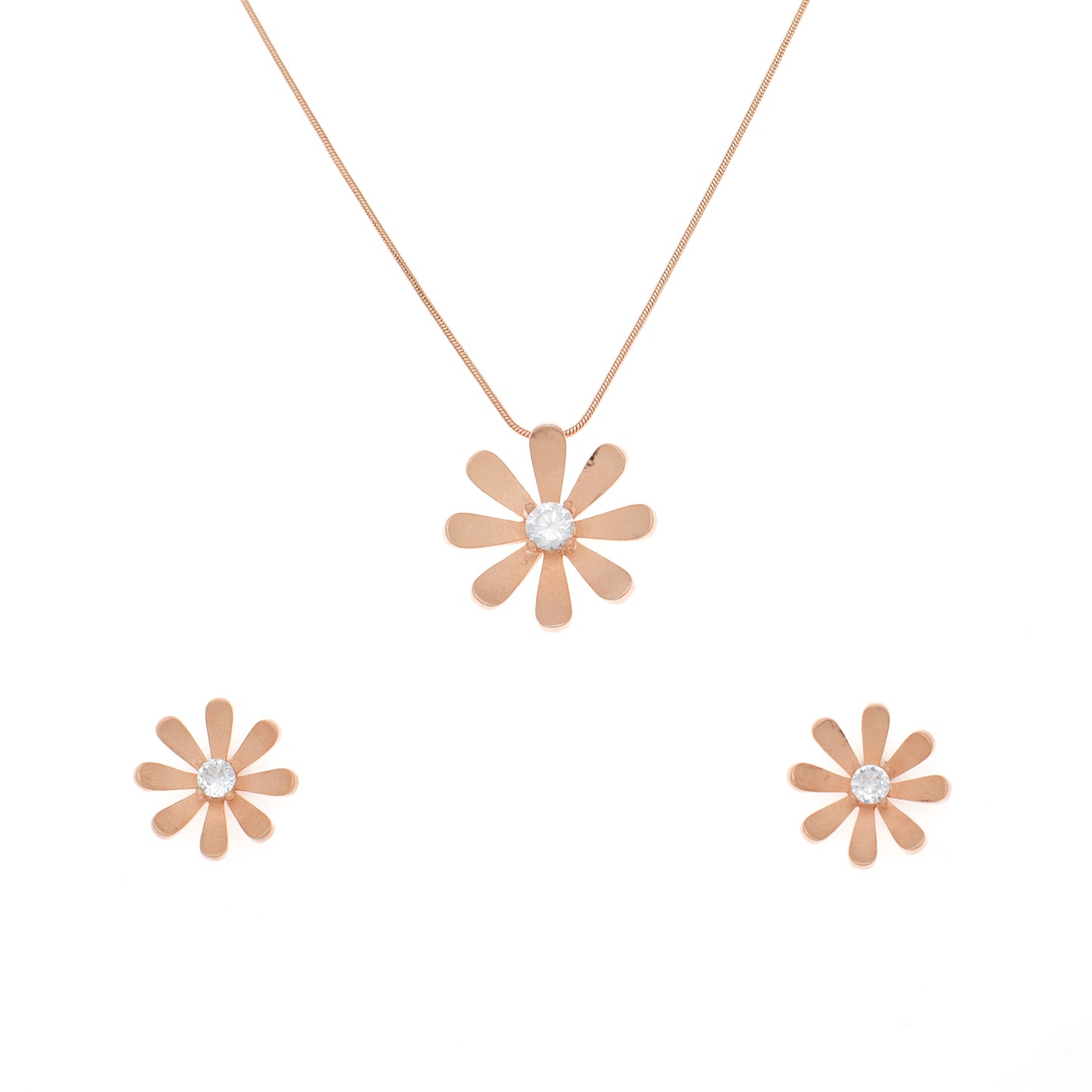 Rose Gold Daisy Pendant and Earring Set with Diamond Centers
