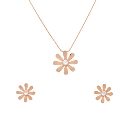 Rose Gold Daisy Pendant and Earring Set with Diamond Centers
