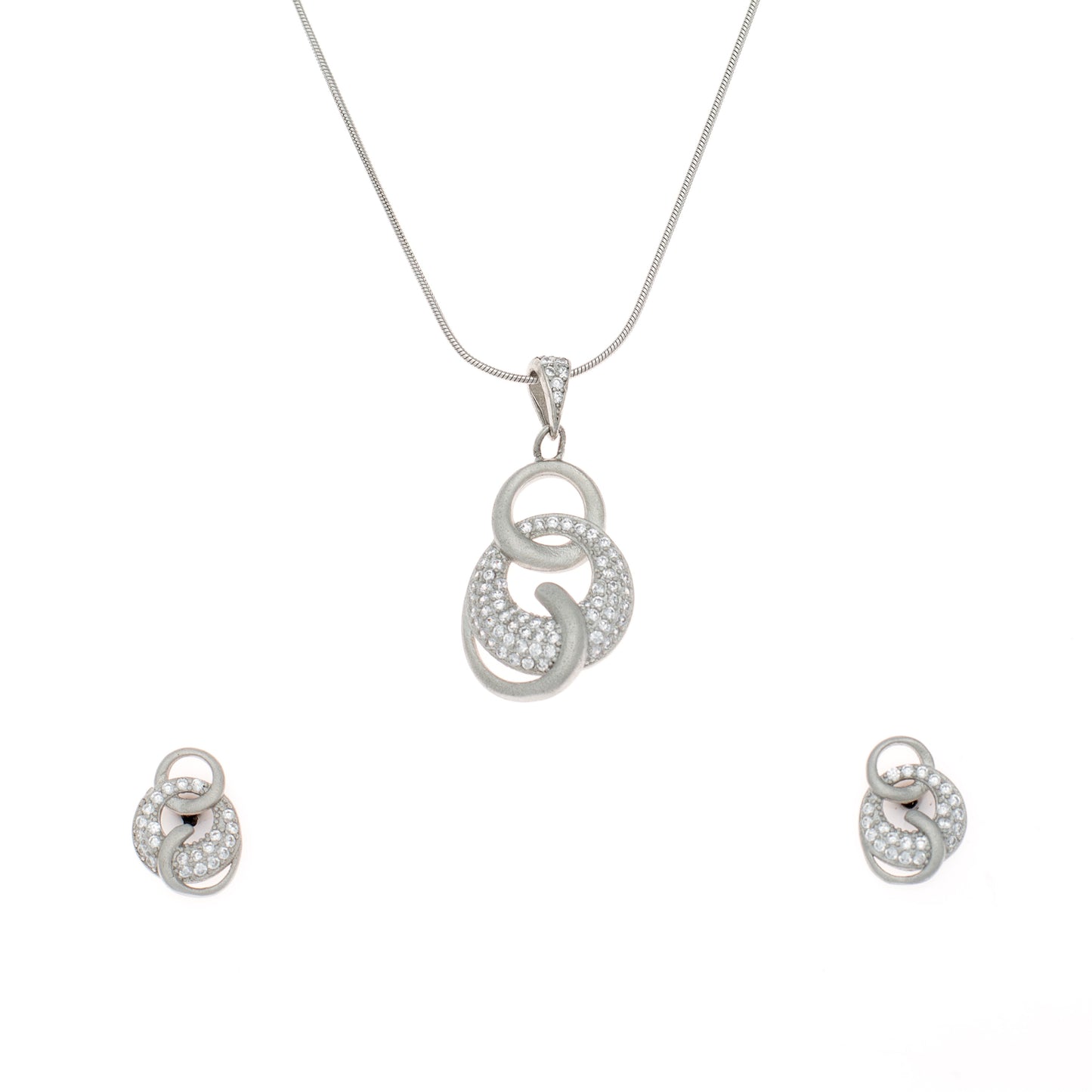 Silver Interlocking Circles Pendant and Earring Set with Diamonds