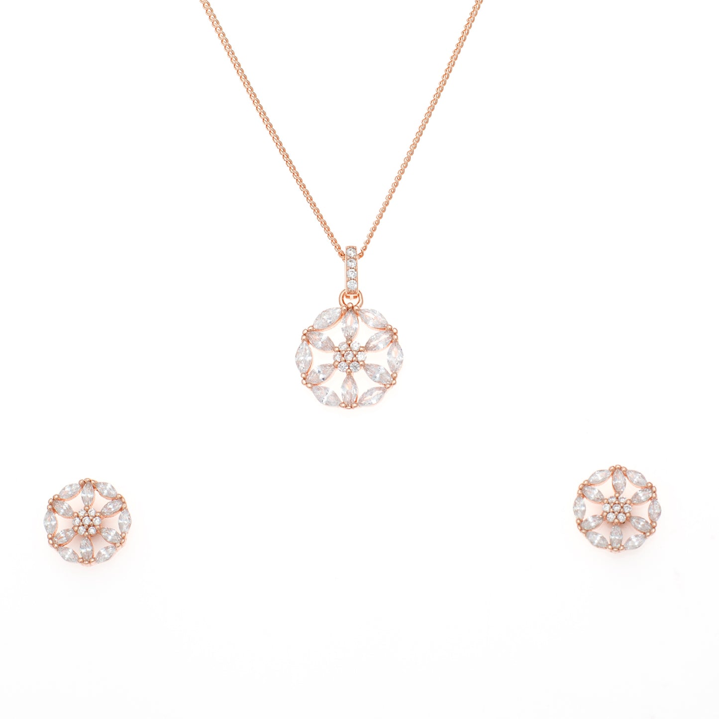 Rose Gold Snowflake Pendant and Earring Set with Crystal Accents