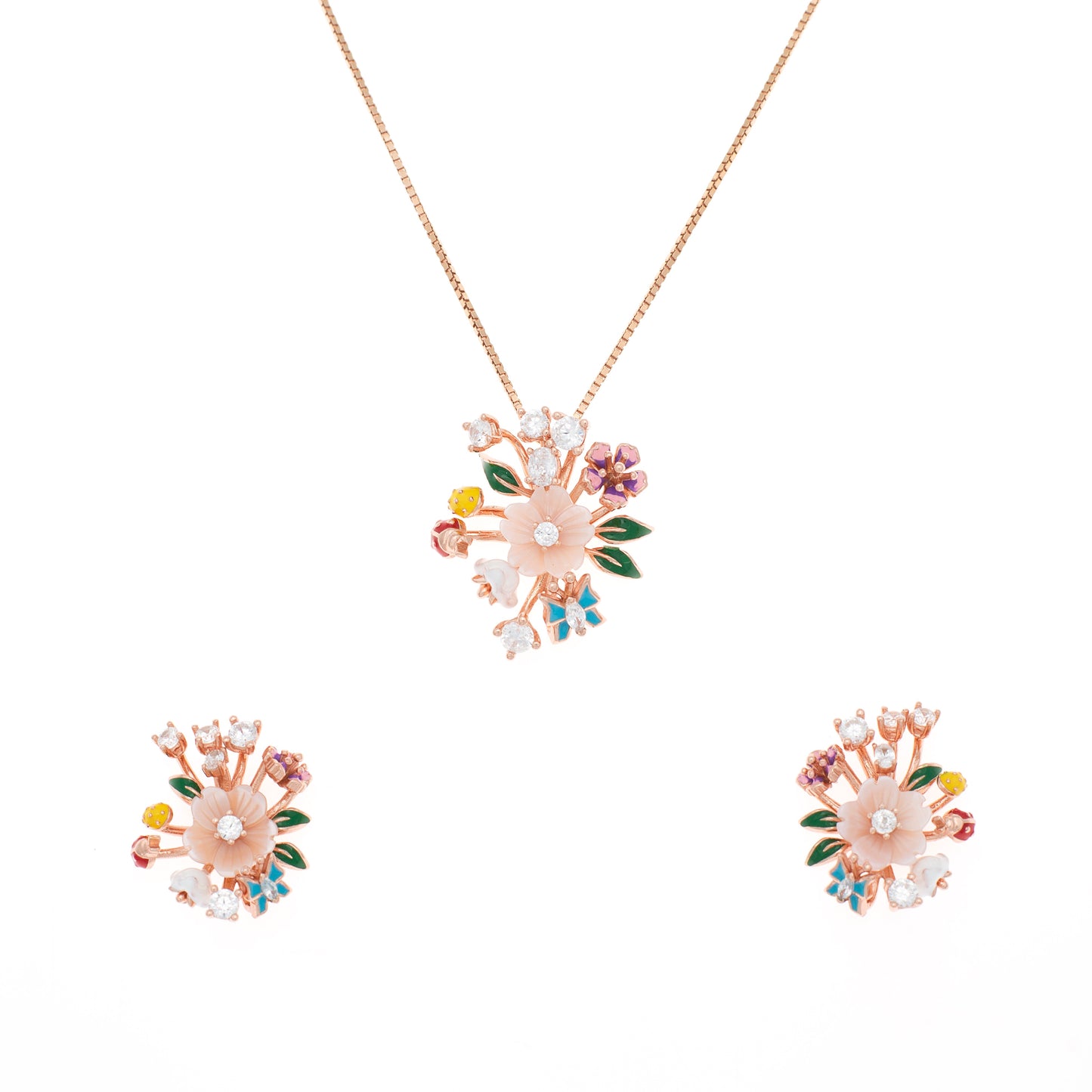 Rose Gold Floral Burst Pendant and Earring Set with Multicolored Gemstones