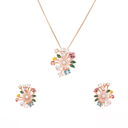 Rose Gold Floral Burst Pendant and Earring Set with Multicolored Gemstones
