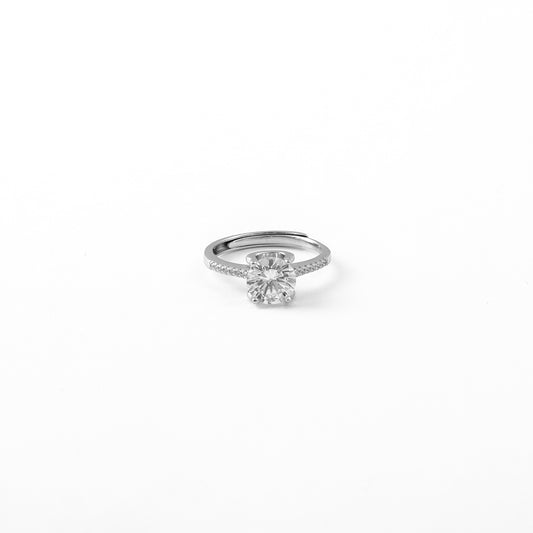 Silver Solitaire Diamond Ring with Pave Setting