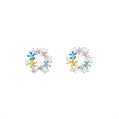 Multi-Floral Diamond Silver Earrings